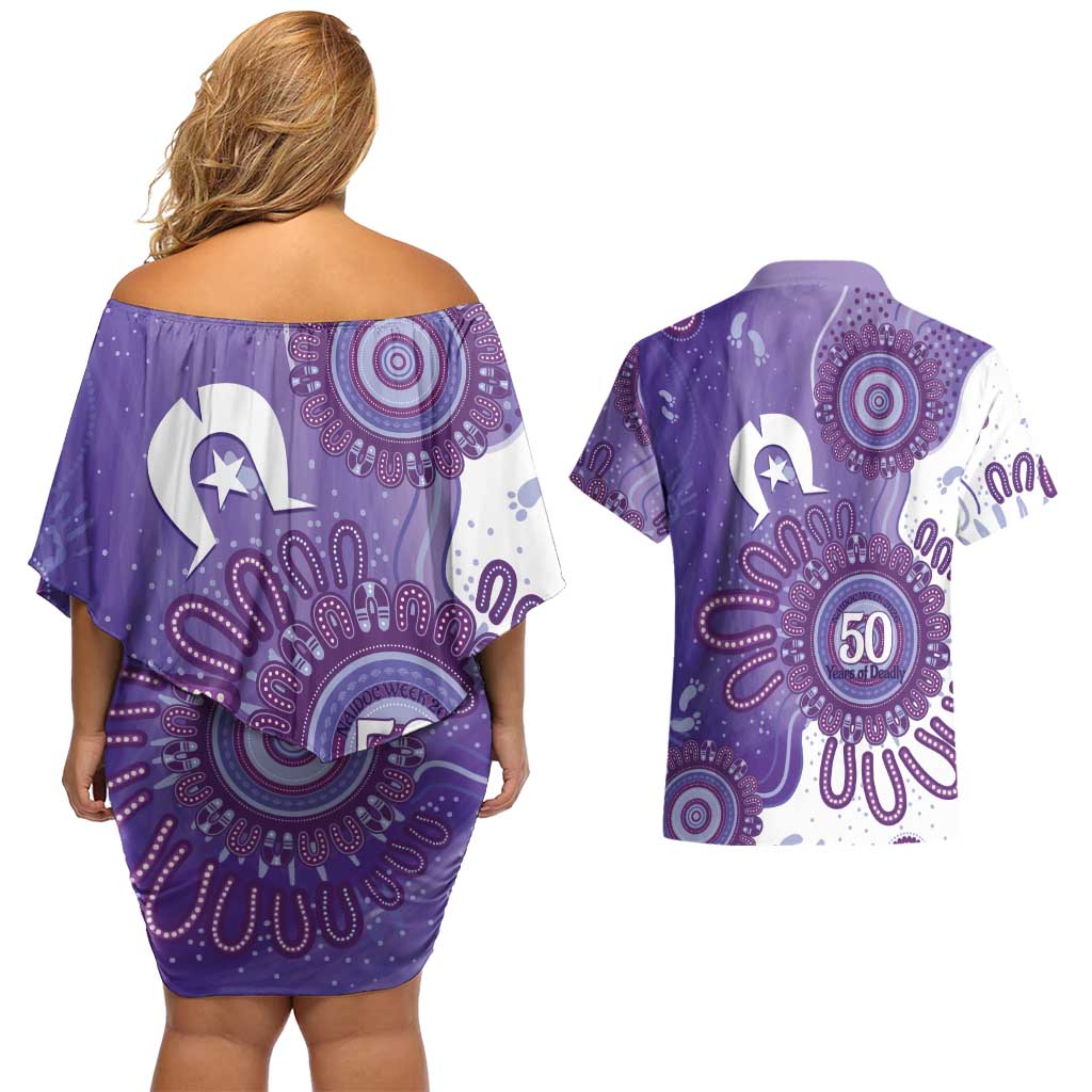 NAIDOC Week 2026 Couples Matching Off Shoulder Short Dress and Hawaiian Shirt 50 Years Deadly Dhari Purple Aboriginal Art