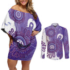 NAIDOC Week 2026 Couples Matching Off Shoulder Short Dress and Long Sleeve Button Shirt 50 Years Deadly Dhari Purple Aboriginal Art