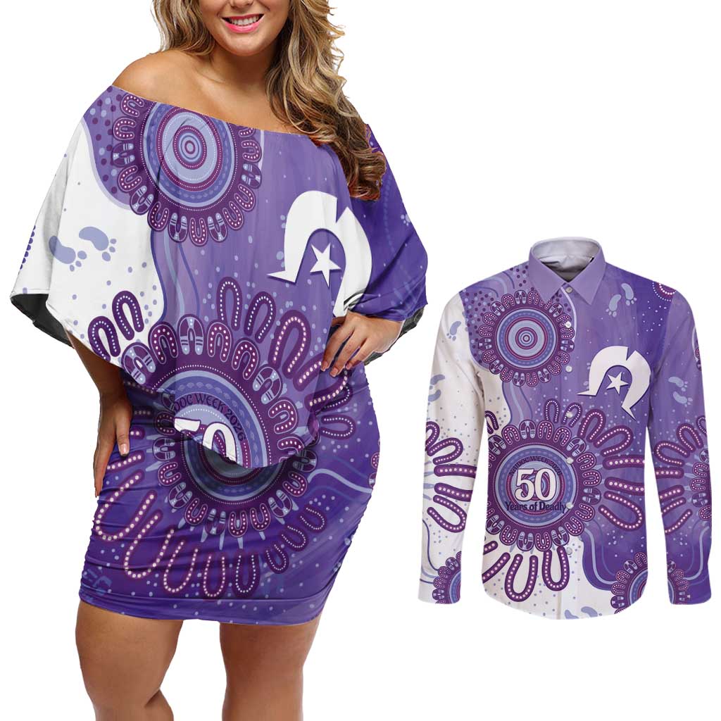 NAIDOC Week 2026 Couples Matching Off Shoulder Short Dress and Long Sleeve Button Shirt 50 Years Deadly Dhari Purple Aboriginal Art