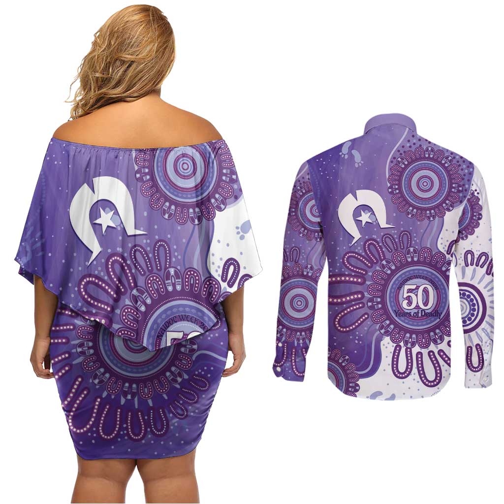 NAIDOC Week 2026 Couples Matching Off Shoulder Short Dress and Long Sleeve Button Shirt 50 Years Deadly Dhari Purple Aboriginal Art
