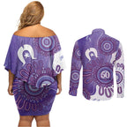NAIDOC Week 2026 Couples Matching Off Shoulder Short Dress and Long Sleeve Button Shirt 50 Years Deadly Dhari Purple Aboriginal Art