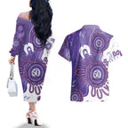 NAIDOC Week 2026 Couples Matching Off The Shoulder Long Sleeve Dress and Hawaiian Shirt 50 Years Deadly Dhari Purple Aboriginal Art