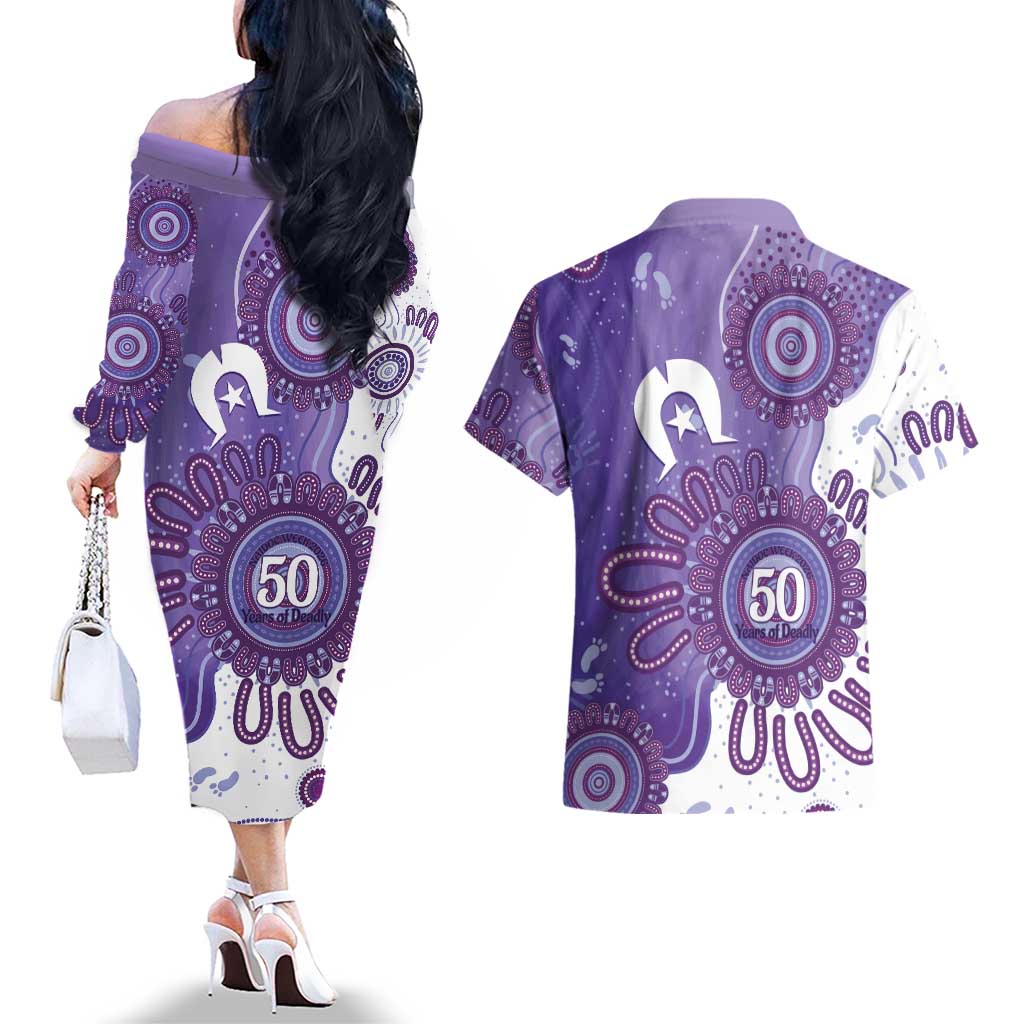 NAIDOC Week 2026 Couples Matching Off The Shoulder Long Sleeve Dress and Hawaiian Shirt 50 Years Deadly Dhari Purple Aboriginal Art