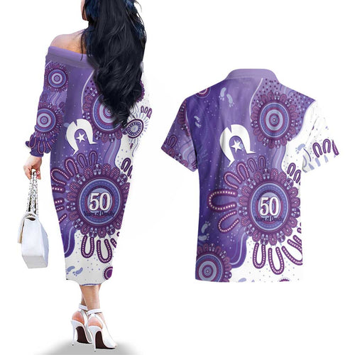 NAIDOC Week 2026 Couples Matching Off The Shoulder Long Sleeve Dress and Hawaiian Shirt 50 Years Deadly Dhari Purple Aboriginal Art
