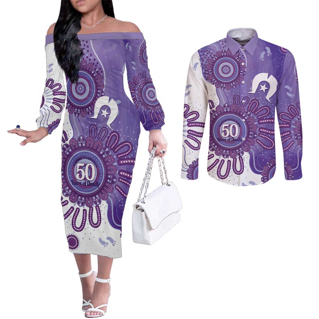 NAIDOC Week 2026 Couples Matching Off The Shoulder Long Sleeve Dress and Long Sleeve Button Shirt 50 Years Deadly Dhari Purple Aboriginal Art