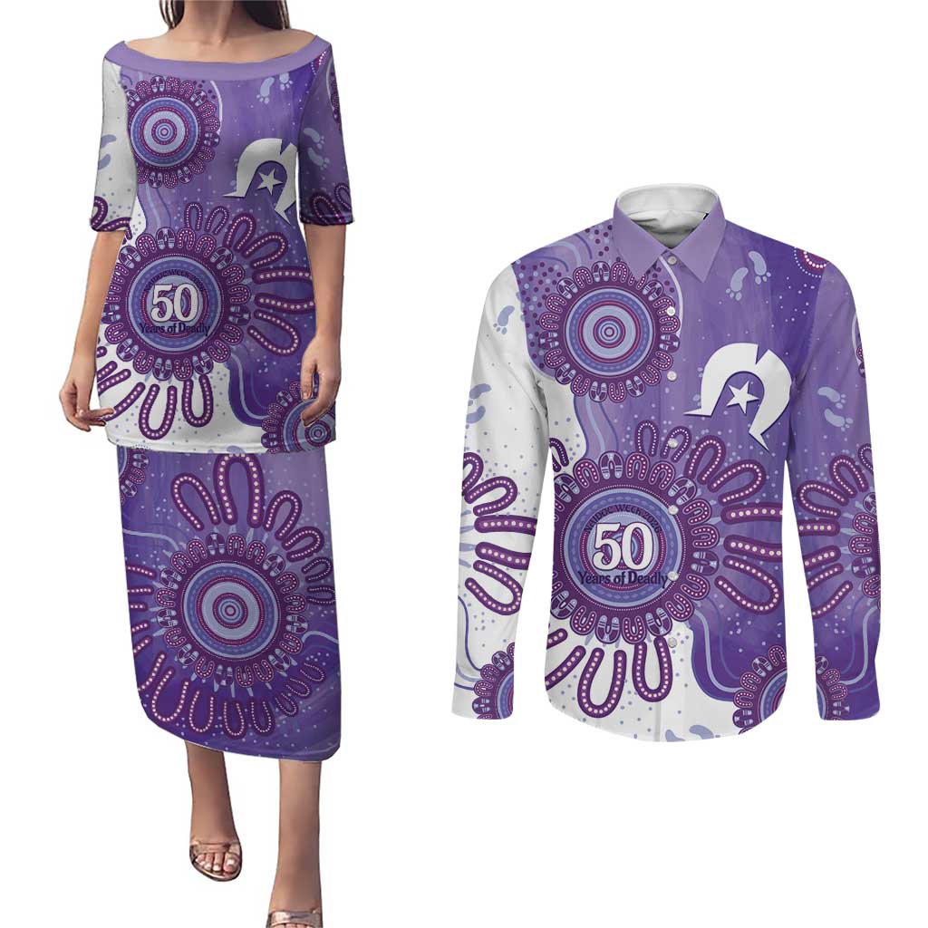 NAIDOC Week 2026 Couples Matching Puletasi and Long Sleeve Button Shirt 50 Years Deadly Dhari Purple Aboriginal Art
