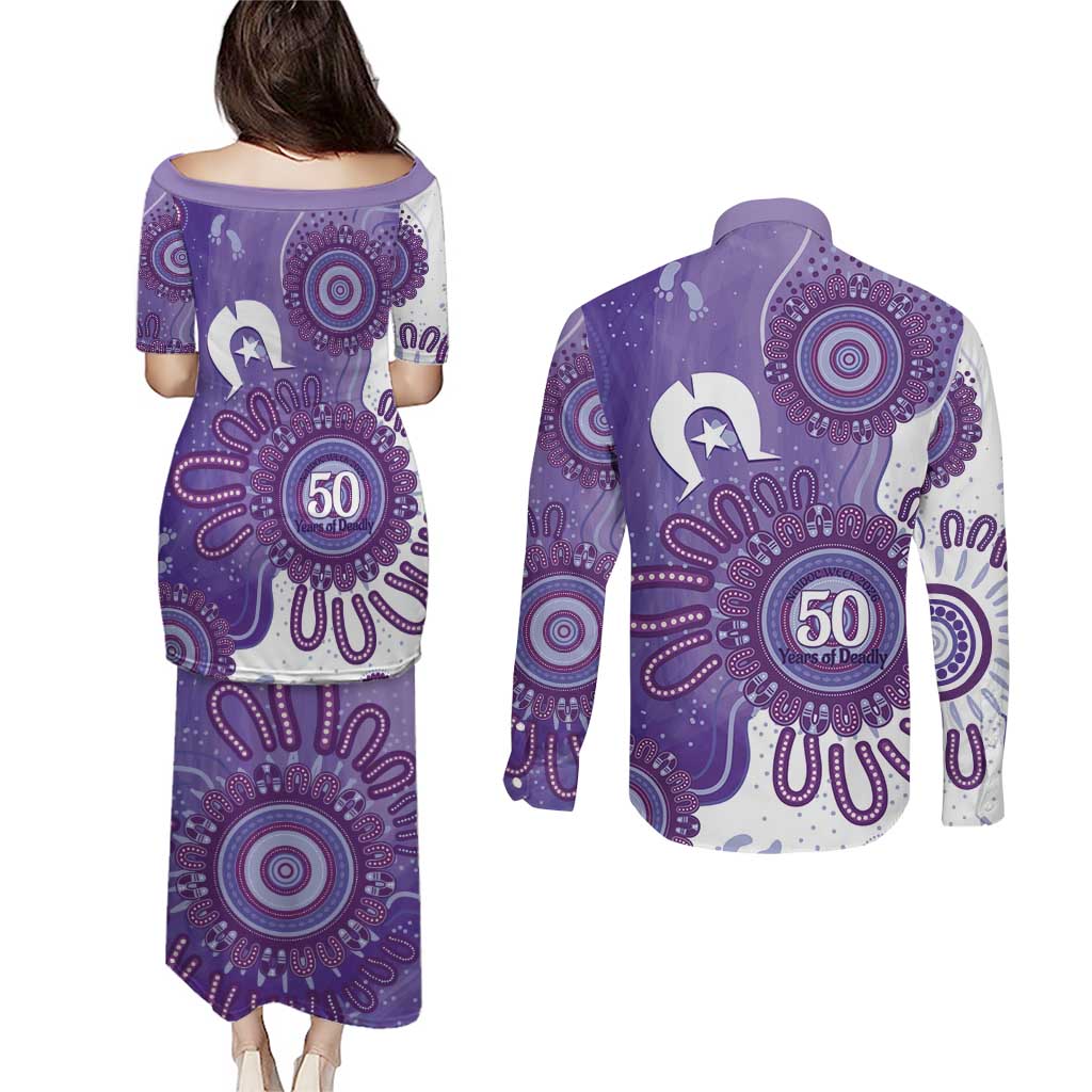 NAIDOC Week 2026 Couples Matching Puletasi and Long Sleeve Button Shirt 50 Years Deadly Dhari Purple Aboriginal Art