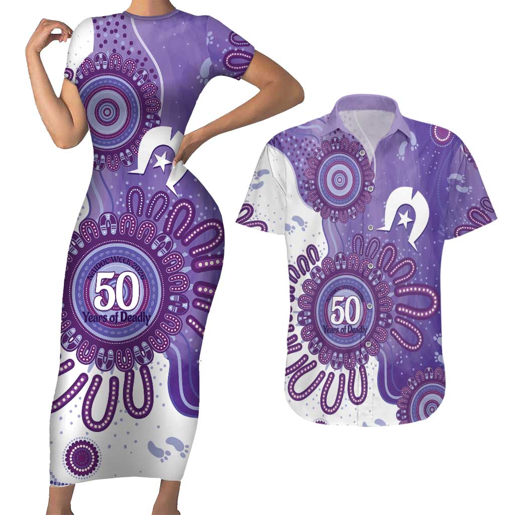 NAIDOC Week 2026 Couples Matching Short Sleeve Bodycon Dress and Hawaiian Shirt 50 Years Deadly Dhari Purple Aboriginal Art