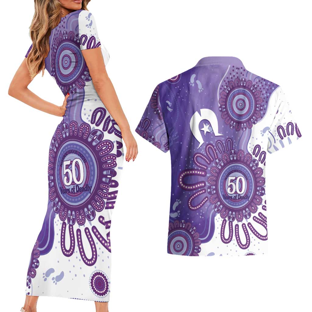NAIDOC Week 2026 Couples Matching Short Sleeve Bodycon Dress and Hawaiian Shirt 50 Years Deadly Dhari Purple Aboriginal Art