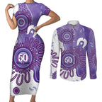 NAIDOC Week 2026 Couples Matching Short Sleeve Bodycon Dress and Long Sleeve Button Shirt 50 Years Deadly Dhari Purple Aboriginal Art