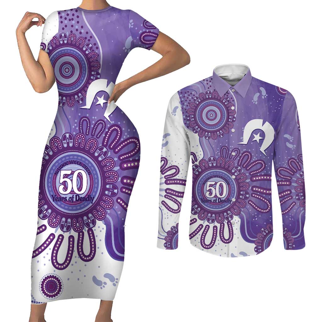 NAIDOC Week 2026 Couples Matching Short Sleeve Bodycon Dress and Long Sleeve Button Shirt 50 Years Deadly Dhari Purple Aboriginal Art