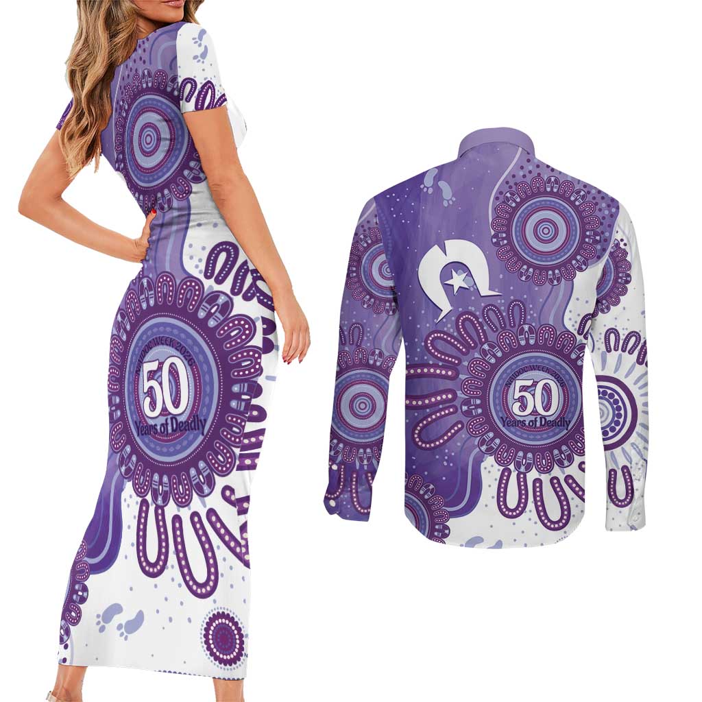 NAIDOC Week 2026 Couples Matching Short Sleeve Bodycon Dress and Long Sleeve Button Shirt 50 Years Deadly Dhari Purple Aboriginal Art