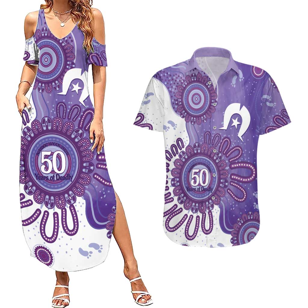 NAIDOC Week 2026 Couples Matching Summer Maxi Dress and Hawaiian Shirt 50 Years Deadly Dhari Purple Aboriginal Art