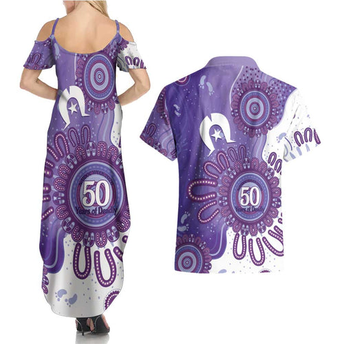 NAIDOC Week 2026 Couples Matching Summer Maxi Dress and Hawaiian Shirt 50 Years Deadly Dhari Purple Aboriginal Art