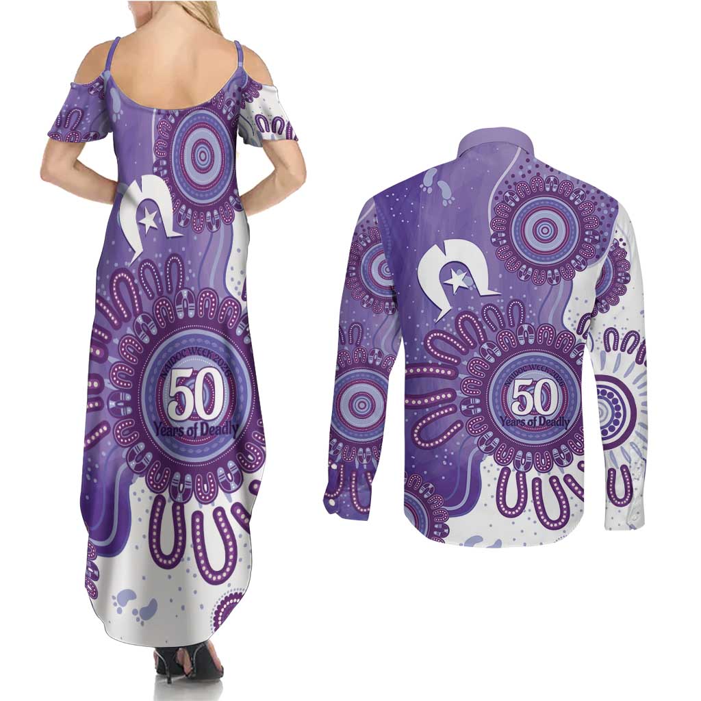 NAIDOC Week 2026 Couples Matching Summer Maxi Dress and Long Sleeve Button Shirt 50 Years Deadly Dhari Purple Aboriginal Art