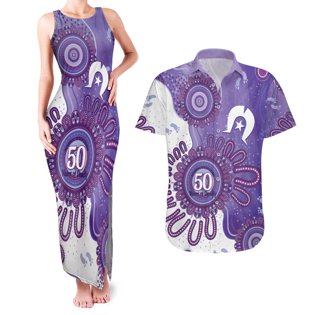 NAIDOC Week 2026 Couples Matching Tank Maxi Dress and Hawaiian Shirt 50 Years Deadly Dhari Purple Aboriginal Art