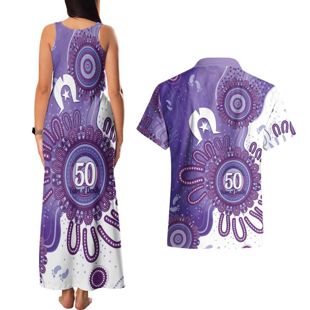 NAIDOC Week 2026 Couples Matching Tank Maxi Dress and Hawaiian Shirt 50 Years Deadly Dhari Purple Aboriginal Art
