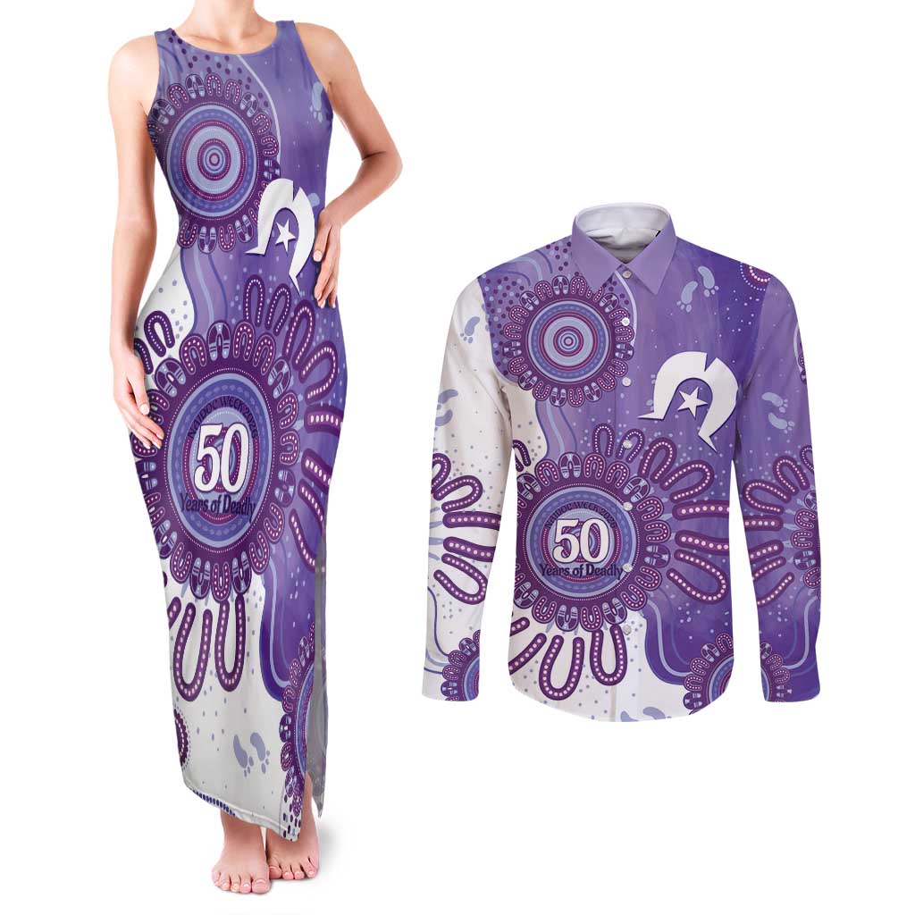 NAIDOC Week 2026 Couples Matching Tank Maxi Dress and Long Sleeve Button Shirt 50 Years Deadly Dhari Purple Aboriginal Art