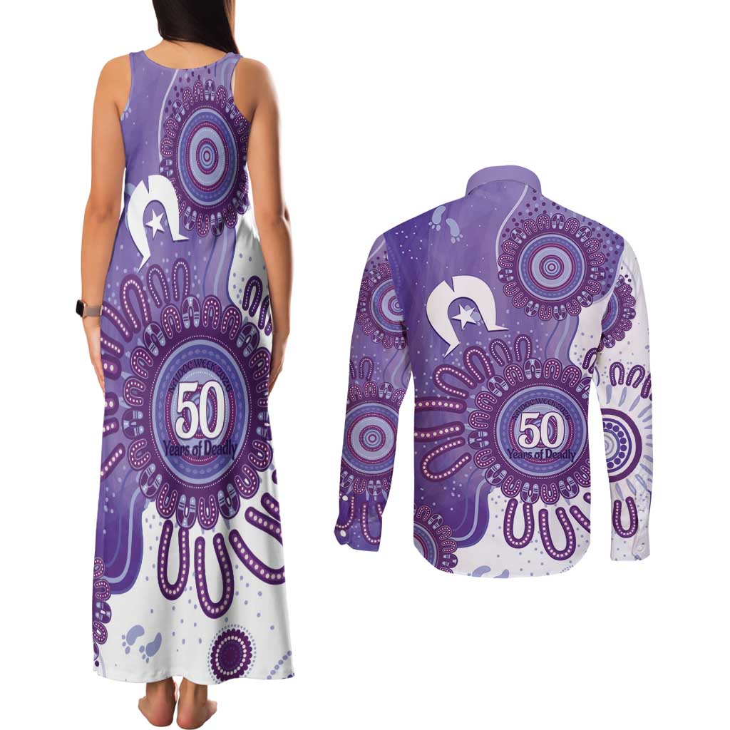 NAIDOC Week 2026 Couples Matching Tank Maxi Dress and Long Sleeve Button Shirt 50 Years Deadly Dhari Purple Aboriginal Art