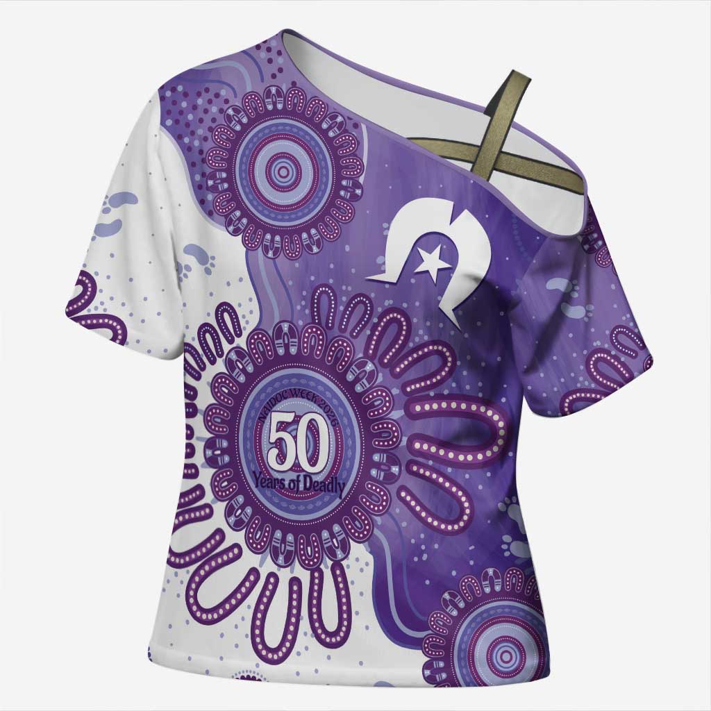 NAIDOC Week 2026 Cross Shoulder Shirt 50 Years Deadly Dhari Purple Aboriginal Art