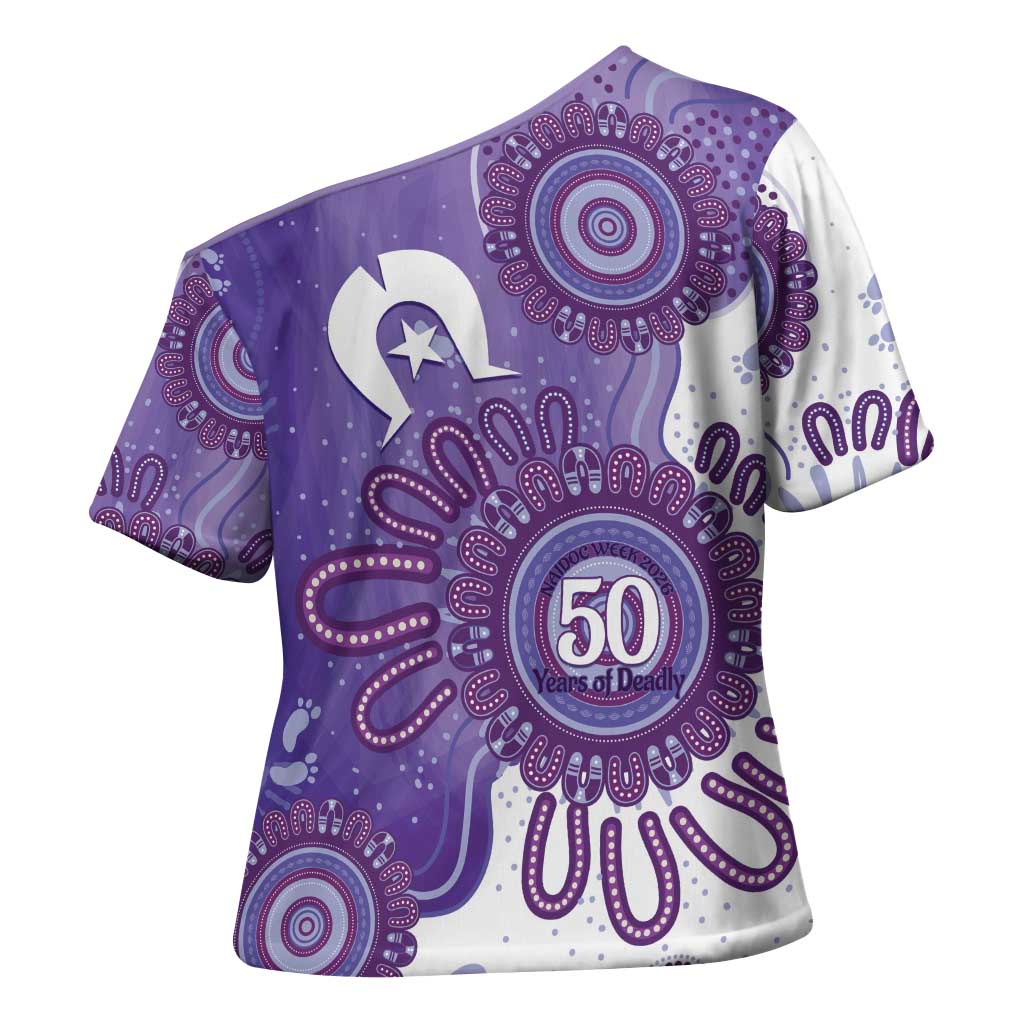 NAIDOC Week 2026 Cross Shoulder Shirt 50 Years Deadly Dhari Purple Aboriginal Art