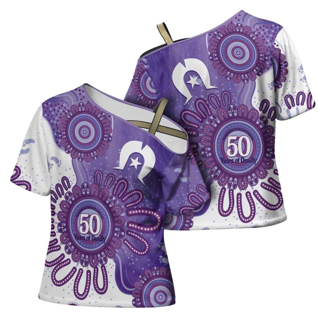 NAIDOC Week 2026 Cross Shoulder Shirt 50 Years Deadly Dhari Purple Aboriginal Art