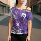 NAIDOC Week 2026 Cross Shoulder Shirt 50 Years Deadly Dhari Purple Aboriginal Art