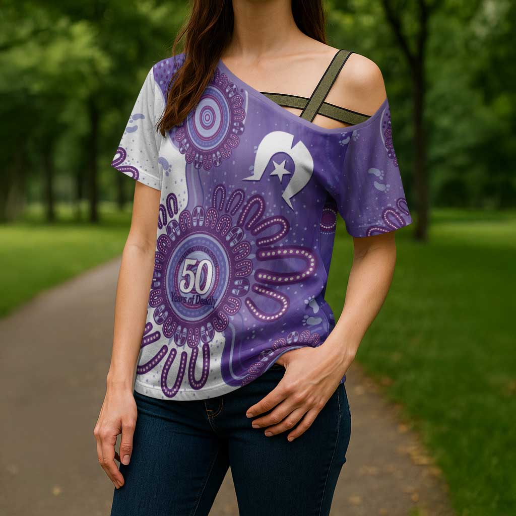NAIDOC Week 2026 Cross Shoulder Shirt 50 Years Deadly Dhari Purple Aboriginal Art