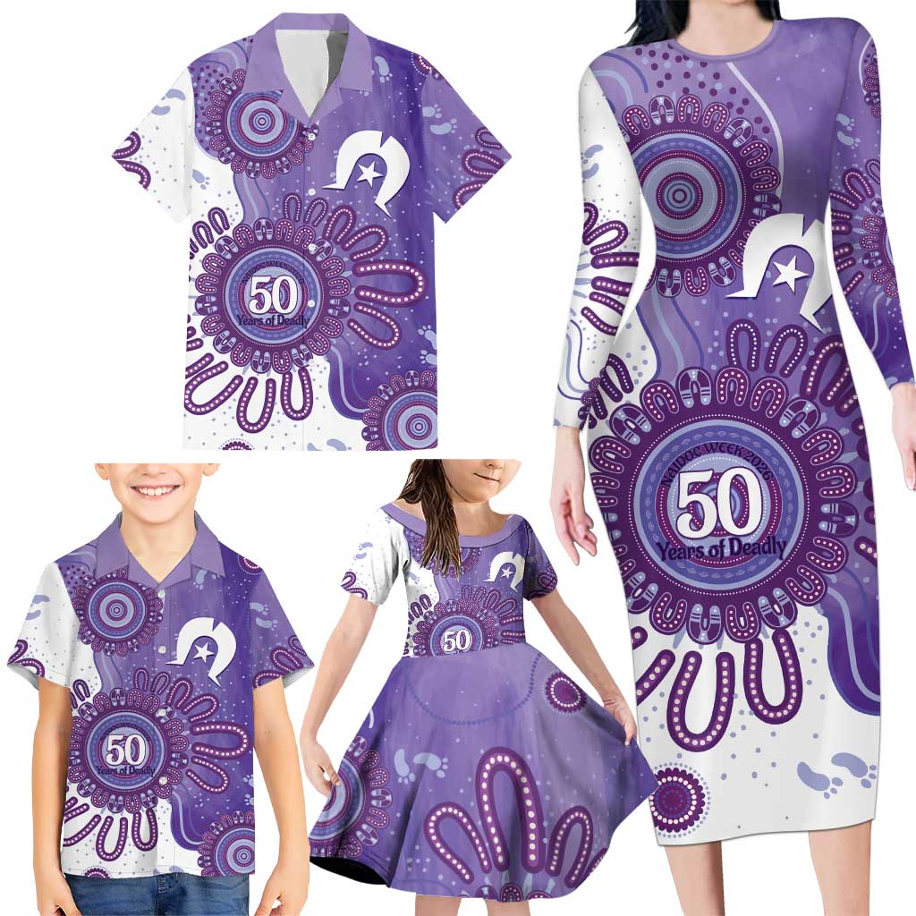 NAIDOC Week 2026 Family Matching Long Sleeve Bodycon Dress and Hawaiian Shirt 50 Years Deadly Dhari Purple Aboriginal Art