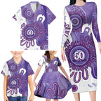 NAIDOC Week 2026 Family Matching Long Sleeve Bodycon Dress and Hawaiian Shirt 50 Years Deadly Dhari Purple Aboriginal Art