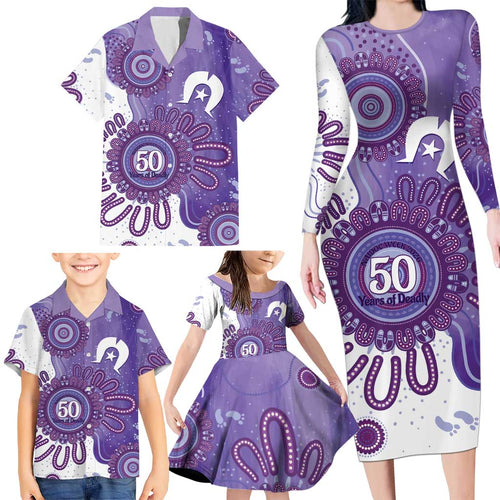 NAIDOC Week 2026 Family Matching Long Sleeve Bodycon Dress and Hawaiian Shirt 50 Years Deadly Dhari Purple Aboriginal Art