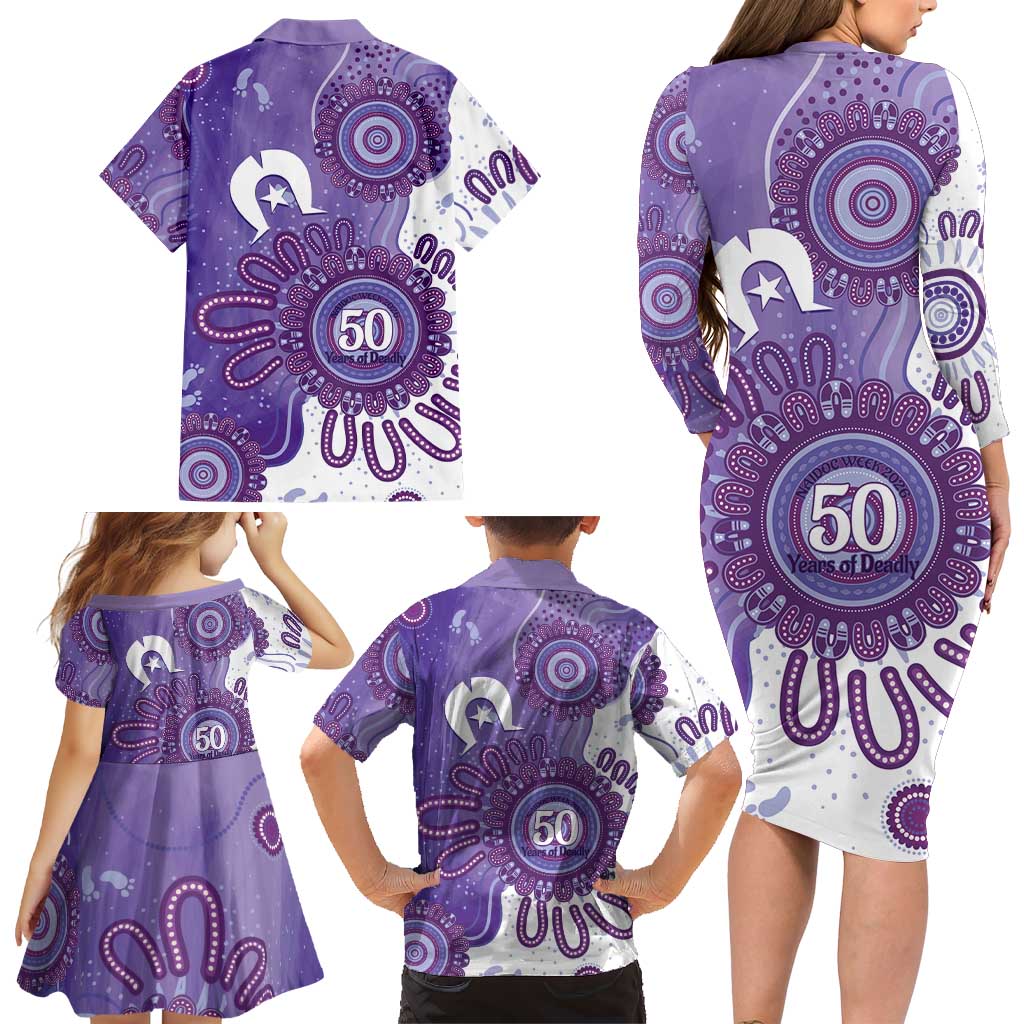 NAIDOC Week 2026 Family Matching Long Sleeve Bodycon Dress and Hawaiian Shirt 50 Years Deadly Dhari Purple Aboriginal Art