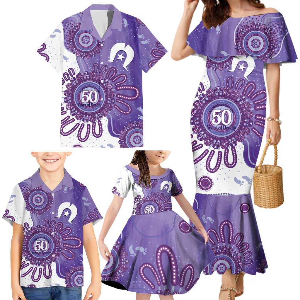 NAIDOC Week 2026 Family Matching Mermaid Dress and Hawaiian Shirt 50 Years Deadly Dhari Purple Aboriginal Art