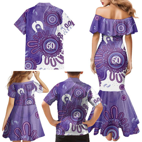 NAIDOC Week 2026 Family Matching Mermaid Dress and Hawaiian Shirt 50 Years Deadly Dhari Purple Aboriginal Art