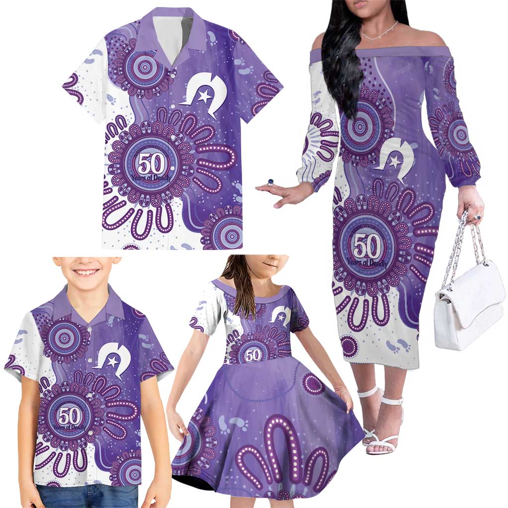 NAIDOC Week 2026 Family Matching Off The Shoulder Long Sleeve Dress and Hawaiian Shirt 50 Years Deadly Dhari Purple Aboriginal Art