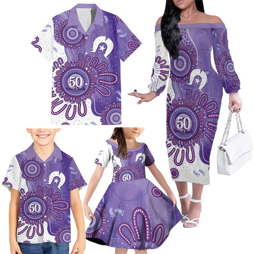 NAIDOC Week 2026 Family Matching Off The Shoulder Long Sleeve Dress and Hawaiian Shirt 50 Years Deadly Dhari Purple Aboriginal Art