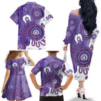 NAIDOC Week 2026 Family Matching Off The Shoulder Long Sleeve Dress and Hawaiian Shirt 50 Years Deadly Dhari Purple Aboriginal Art