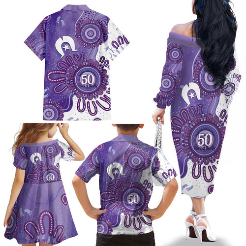 NAIDOC Week 2026 Family Matching Off The Shoulder Long Sleeve Dress and Hawaiian Shirt 50 Years Deadly Dhari Purple Aboriginal Art