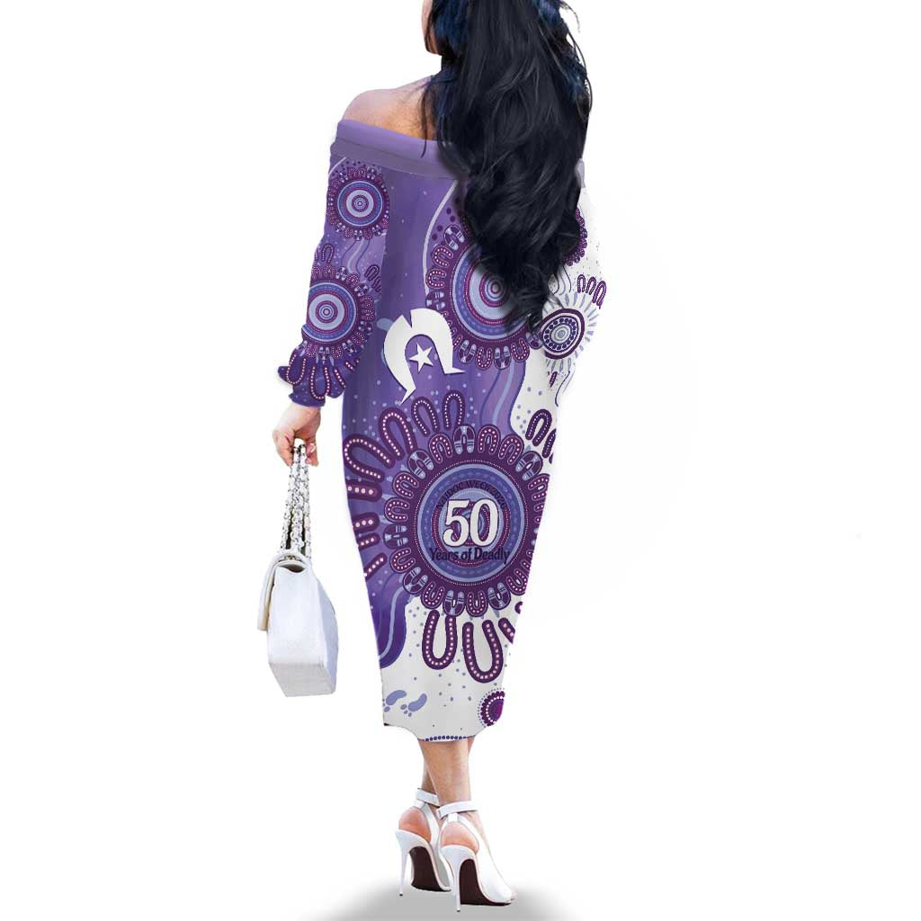 NAIDOC Week 2026 Family Matching Off The Shoulder Long Sleeve Dress and Hawaiian Shirt 50 Years Deadly Dhari Purple Aboriginal Art