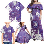 NAIDOC Week 2026 Family Matching Off Shoulder Maxi Dress and Hawaiian Shirt 50 Years Deadly Dhari Purple Aboriginal Art