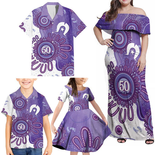 NAIDOC Week 2026 Family Matching Off Shoulder Maxi Dress and Hawaiian Shirt 50 Years Deadly Dhari Purple Aboriginal Art
