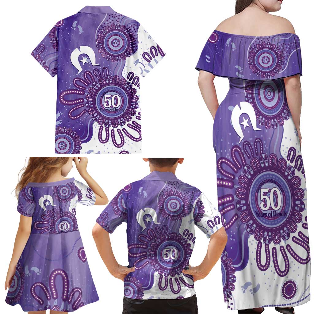 NAIDOC Week 2026 Family Matching Off Shoulder Maxi Dress and Hawaiian Shirt 50 Years Deadly Dhari Purple Aboriginal Art