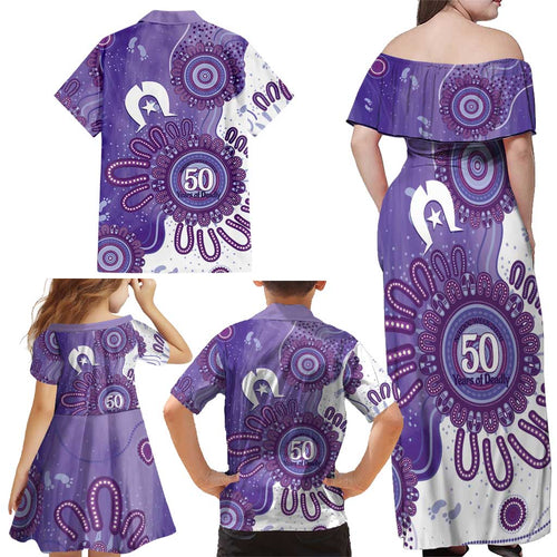 NAIDOC Week 2026 Family Matching Off Shoulder Maxi Dress and Hawaiian Shirt 50 Years Deadly Dhari Purple Aboriginal Art