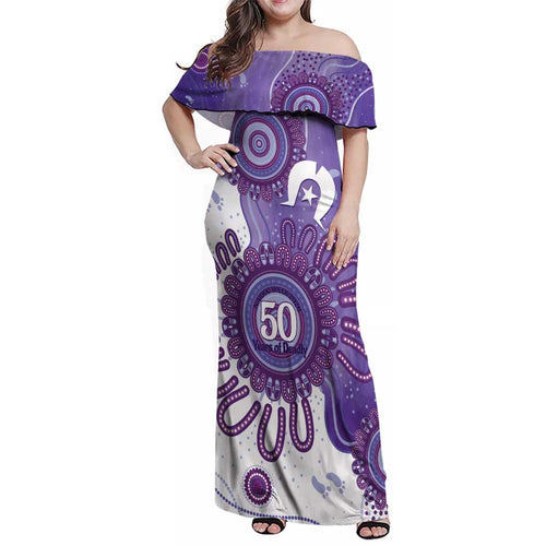 NAIDOC Week 2026 Family Matching Off Shoulder Maxi Dress and Hawaiian Shirt 50 Years Deadly Dhari Purple Aboriginal Art