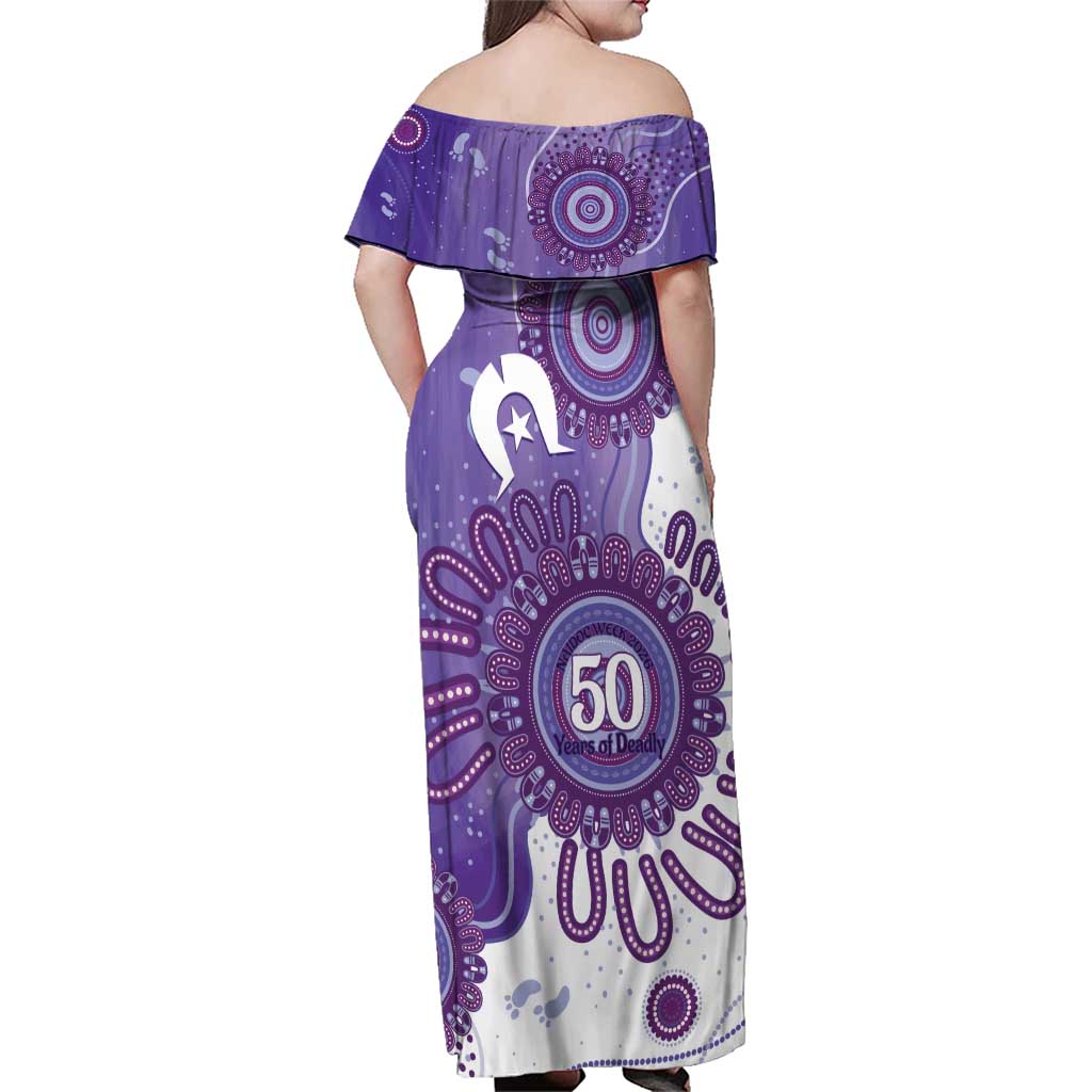 NAIDOC Week 2026 Family Matching Off Shoulder Maxi Dress and Hawaiian Shirt 50 Years Deadly Dhari Purple Aboriginal Art