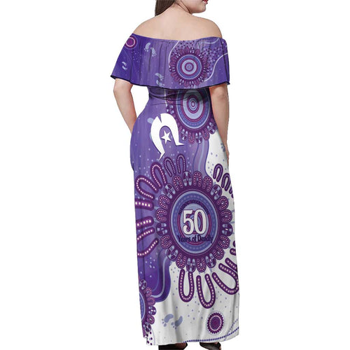 NAIDOC Week 2026 Family Matching Off Shoulder Maxi Dress and Hawaiian Shirt 50 Years Deadly Dhari Purple Aboriginal Art