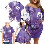 NAIDOC Week 2026 Family Matching Off Shoulder Short Dress and Hawaiian Shirt 50 Years Deadly Dhari Purple Aboriginal Art