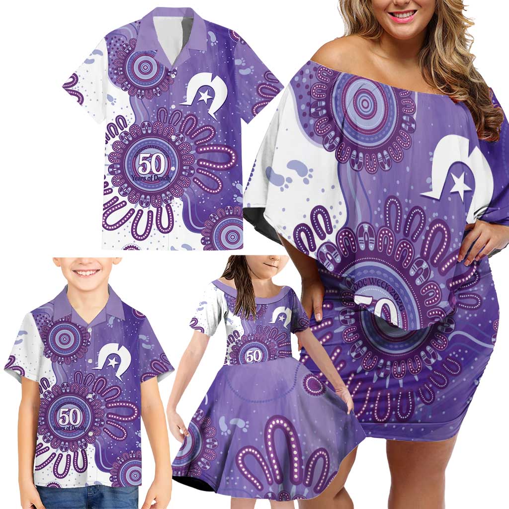 NAIDOC Week 2026 Family Matching Off Shoulder Short Dress and Hawaiian Shirt 50 Years Deadly Dhari Purple Aboriginal Art