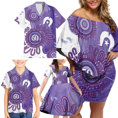 NAIDOC Week 2026 Family Matching Off Shoulder Short Dress and Hawaiian Shirt 50 Years Deadly Dhari Purple Aboriginal Art