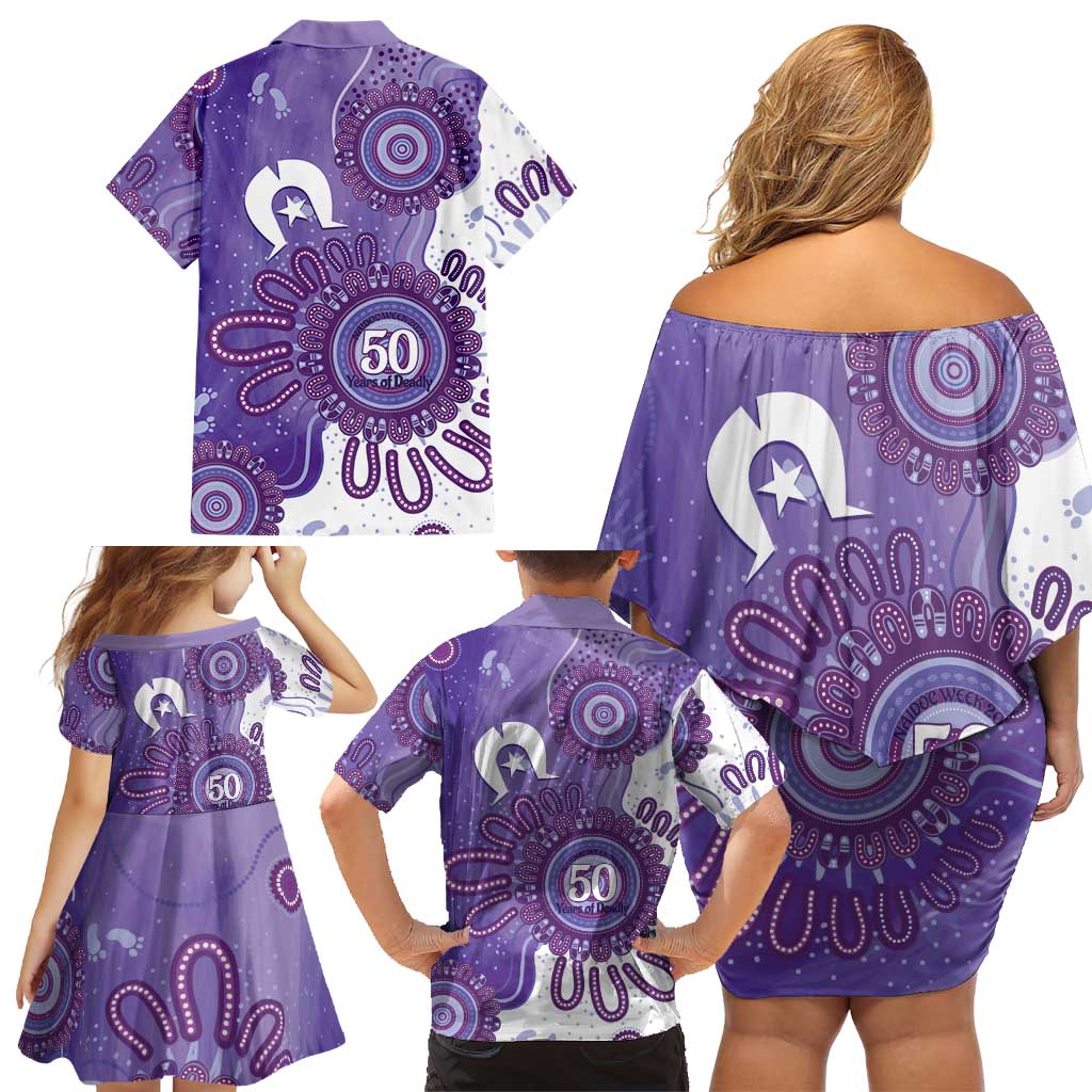 NAIDOC Week 2026 Family Matching Off Shoulder Short Dress and Hawaiian Shirt 50 Years Deadly Dhari Purple Aboriginal Art